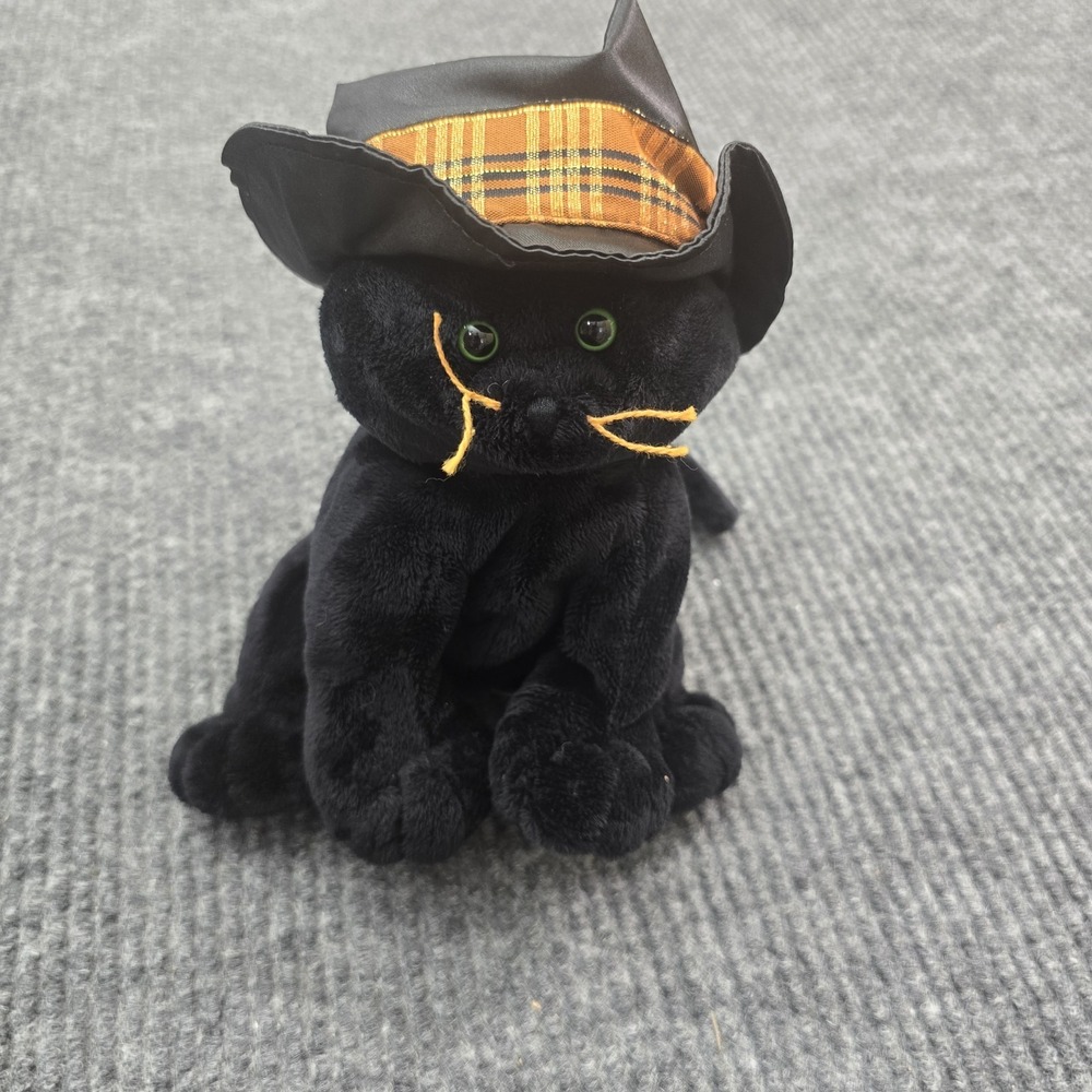 Ty Pluffies Merlin Black Cat Witch Hat Tylux 2005 Plush Green Eyes Halloween